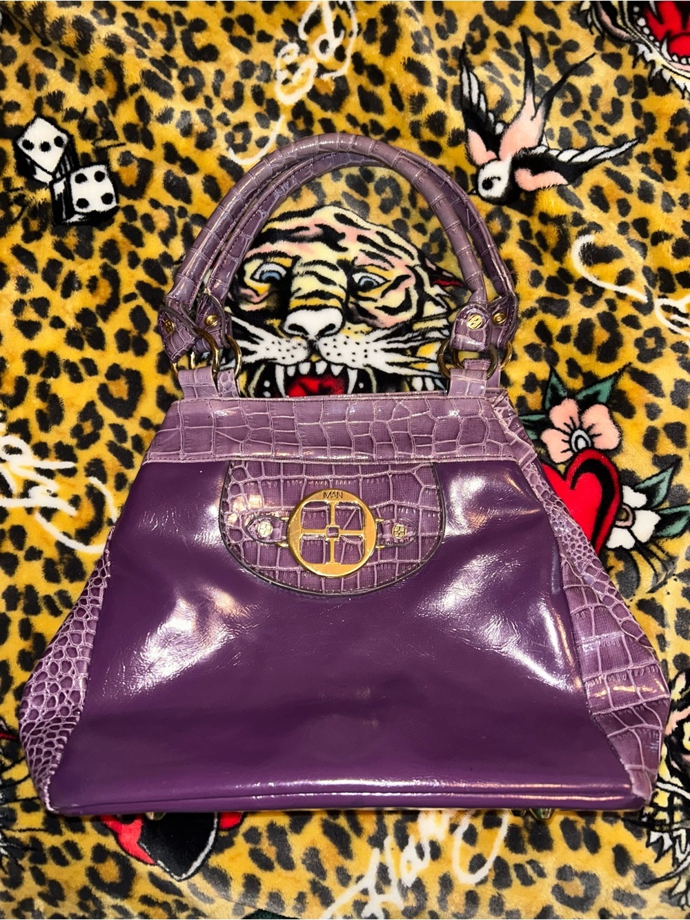 IMAN Purple Croc-Accent Top-Handle Shoulder Bag
